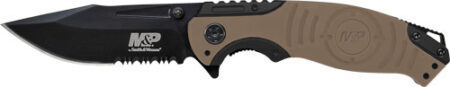 SWMP13GLSCP.jpg S&W KNIFE M&P INDEX FLIPPER - 3.5" BLACK/DESERT TAN CLIP PT